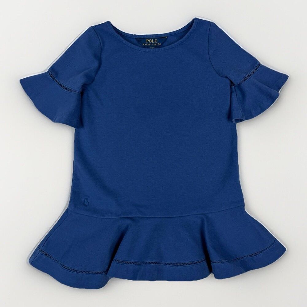 Polo Ralph Lauren Girls 4T‎ Blue Flutter Sleeve Peplum Top Cotton Blend Logo
